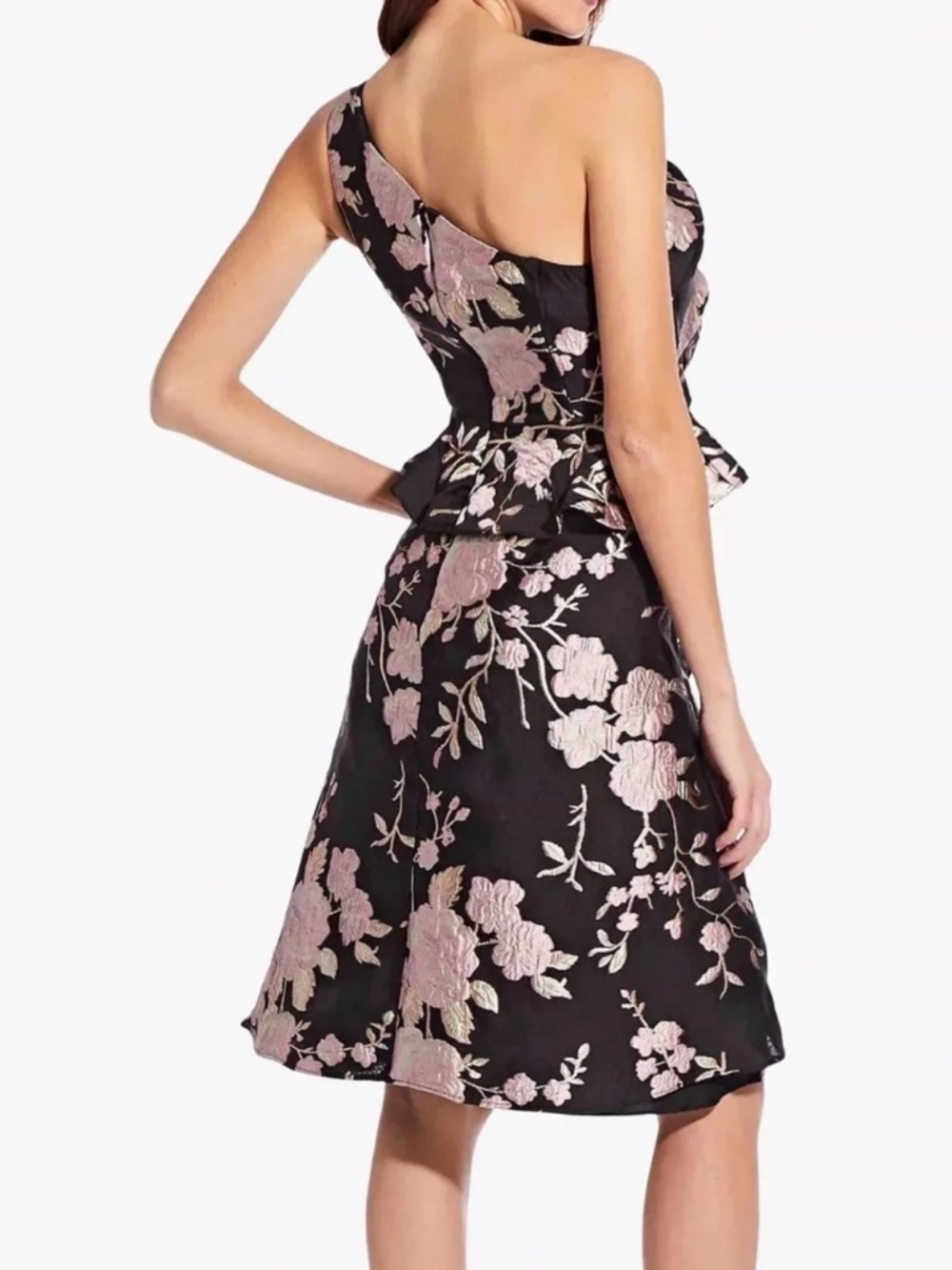 NWT Adrianna Papell Black & Pink Floral One-Shoulder Jacquard Dress Sz 14